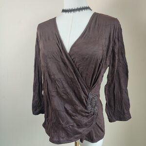 Women's Brown V Neck Faux Wrap V Neck Casual Boho Top Y2K Medium